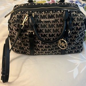 NWT Michael Kors satchel in brown/black. MK design, leather and gold accents.